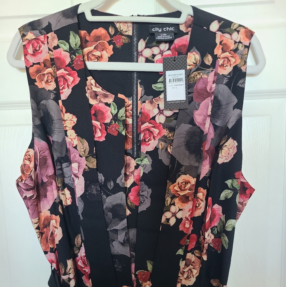 City Chic Floral Fitted Dress in Pink and Orange Plus Size 20